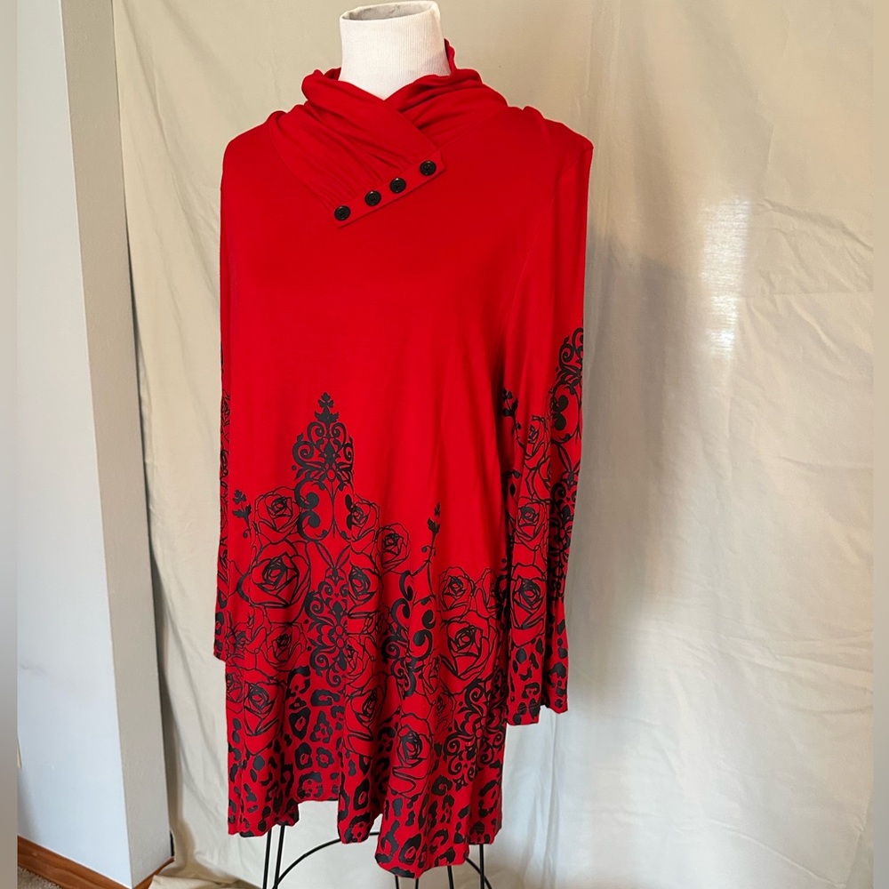 NWOT Multiples Red & Black Tunic Top blouse high neck 0X floral leopard a-line